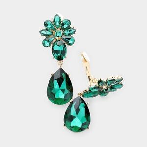 Teardrop Green Crystal Oval Floral Clip On Earring